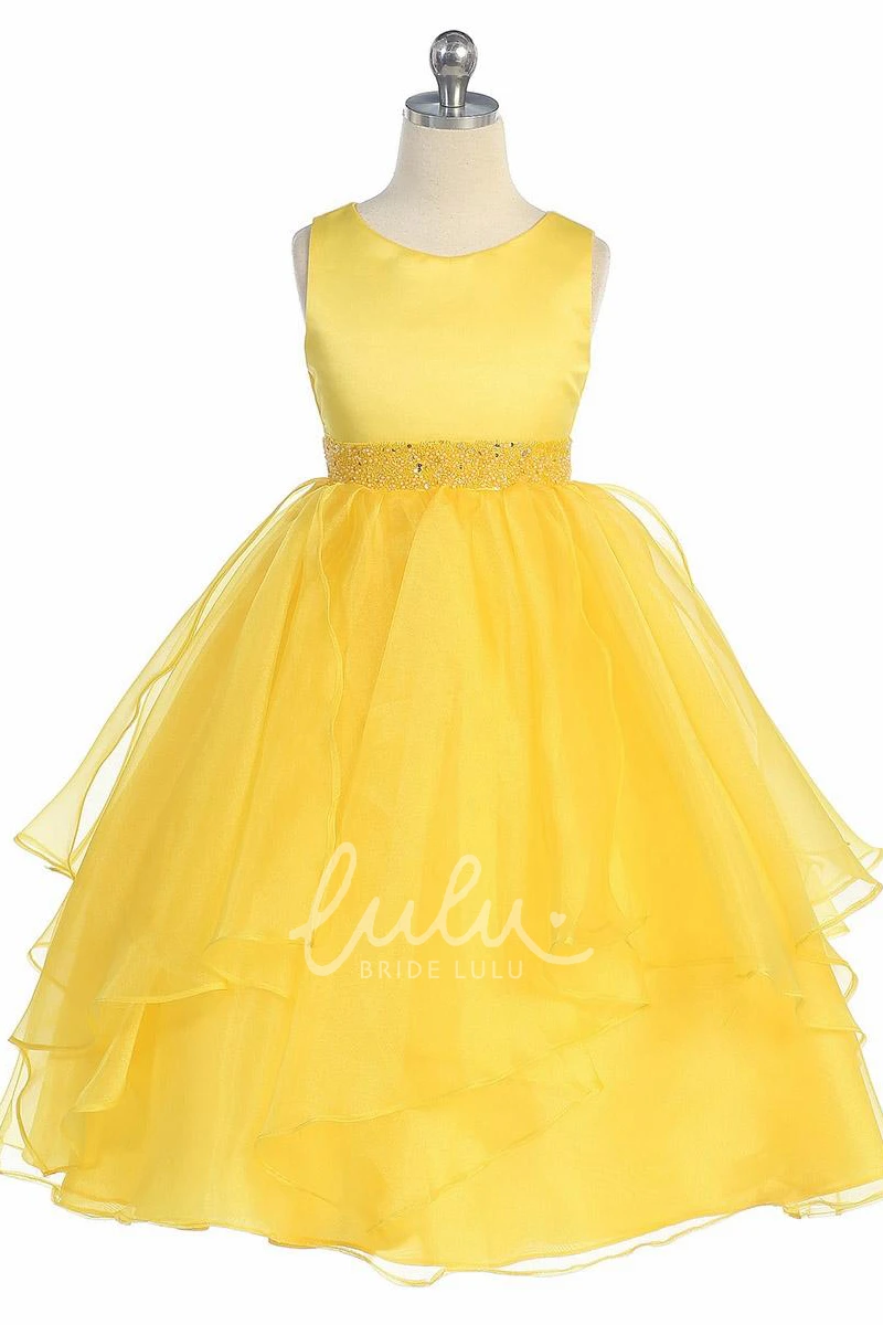 Sequin Organza Flower Girl Tea-Length Dress with Beaded Tiered Skirt and Sash