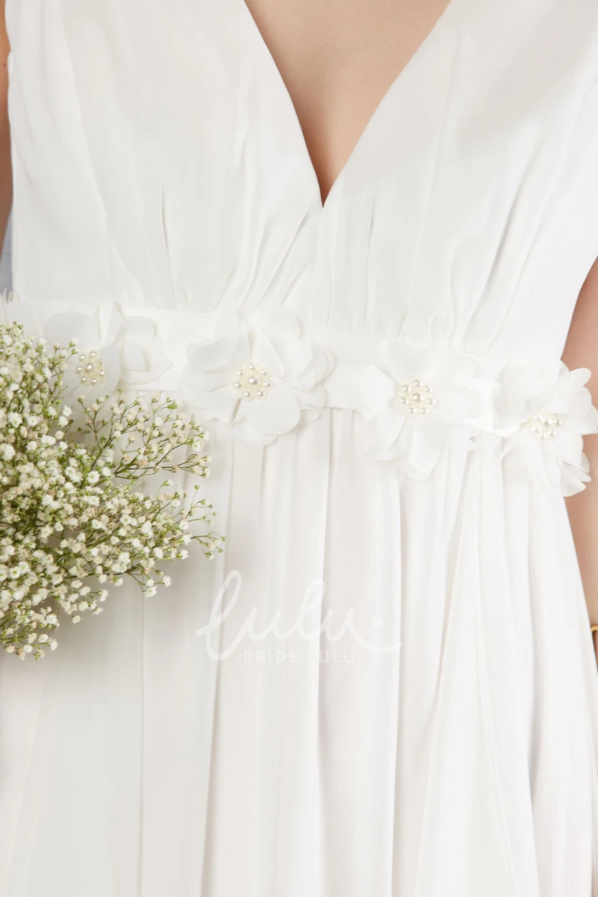 Draping Chiffon Wedding Dress Ankle-Length V-Neck Flowy