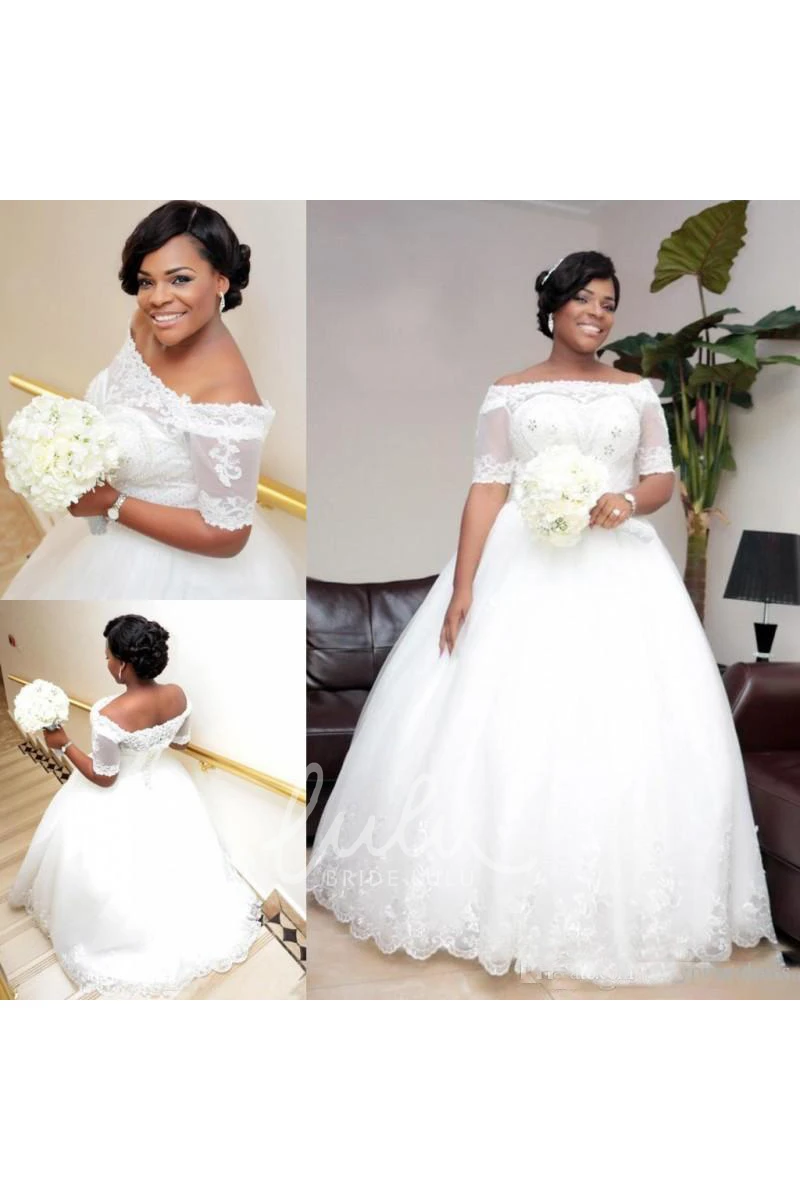 Off-the-Shoulder Lace Ball Gown Wedding Dress with Tulle Skirt and Open Back