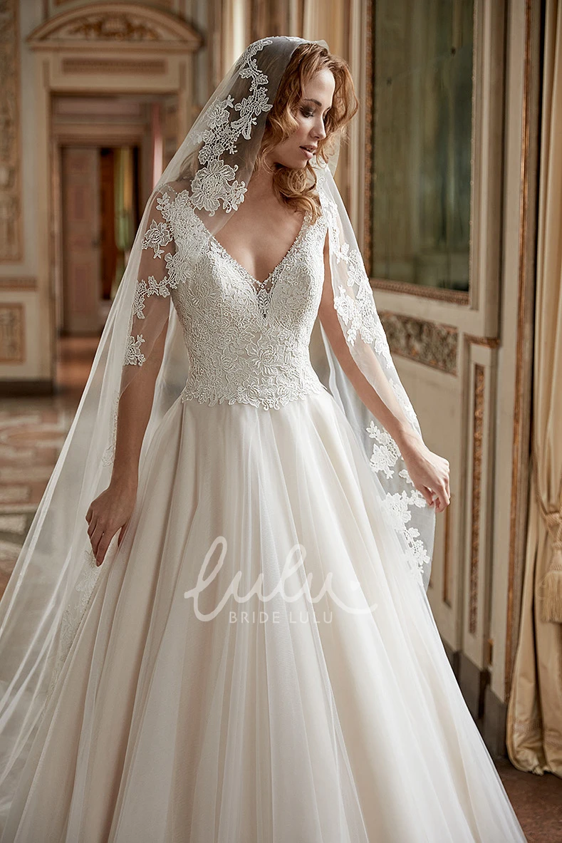 A-Line Tulle Wedding Dress with V-Neck and Appliques