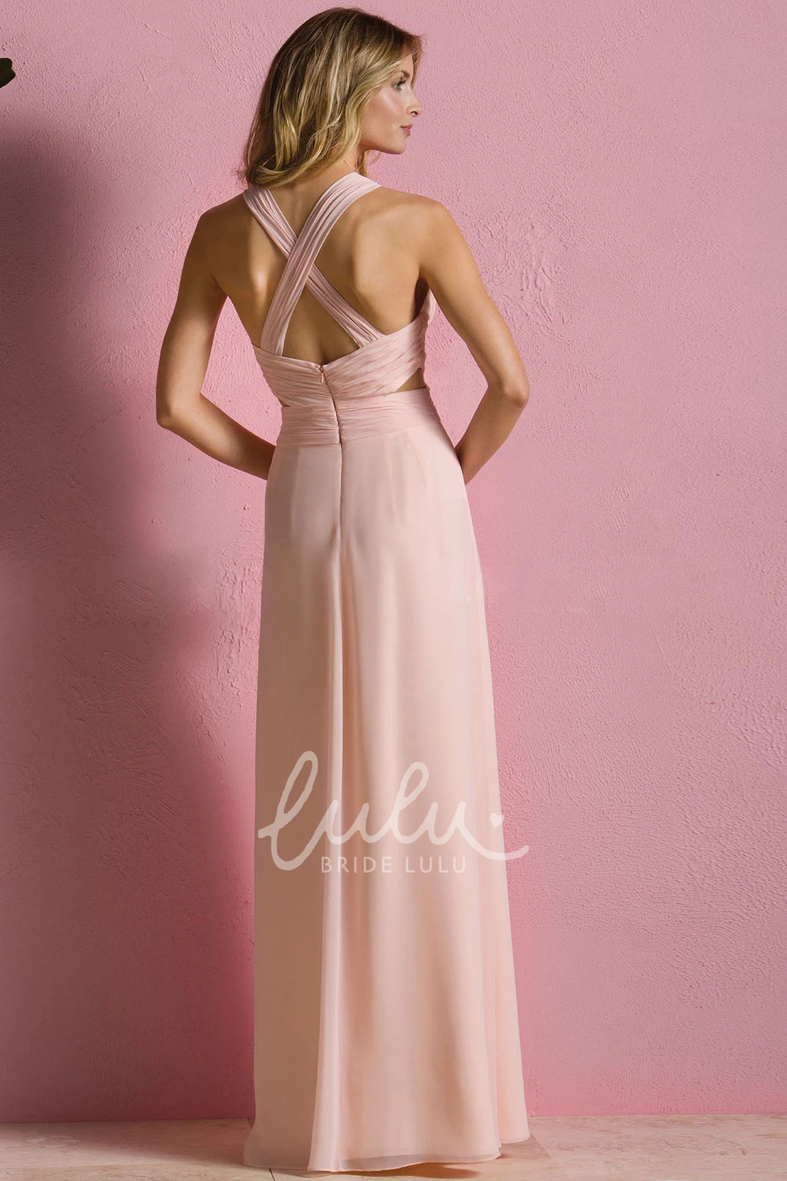A-Line V-Neck Bridesmaid Dress with Crisscrossed Back Straps Sleeveless