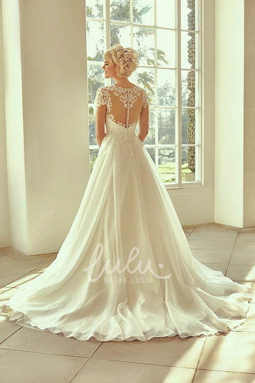 Lace Cap-Sleeve Wedding Dress with Notched Neckline Elegant Bridal Gown