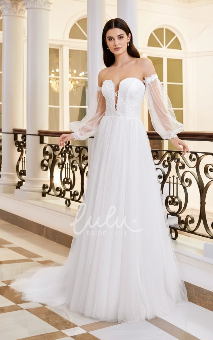 Ethereal Floral A-Line Bohemian Lace off the Shoulder Spring Wedding Dress Romantic Chic Beach Garden Notch V-Neck Puff Sleeve Button Back Floor Length Bridal Gown