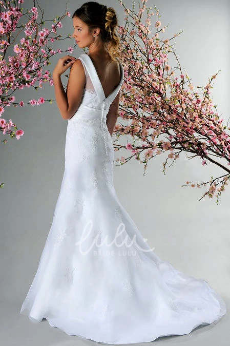 Crystal Applique Mermaid Bridal Gown with Satin Neckline and V-Back Modern Wedding Dress