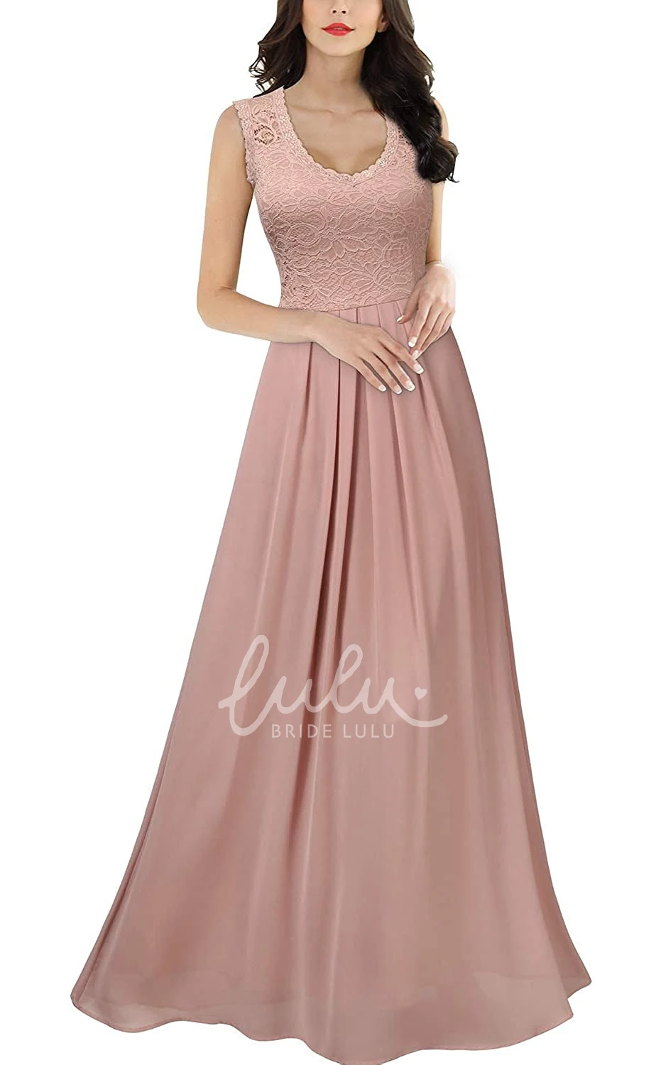 Romantic Sleeveless Lace Chiffon Scalloped A Line Dress with Ruffles Evening Dress