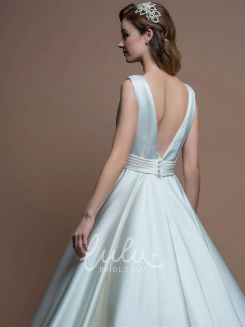 Jewel-Neck Satin Tea-Length Wedding Dress with Sleeveless A-Line and V Back