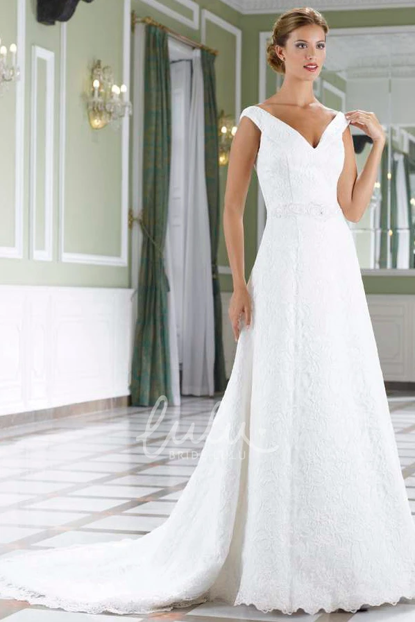 Lace Jeweled Wedding Dress with Low-V Back and Court Train A-Line Floor-Length
