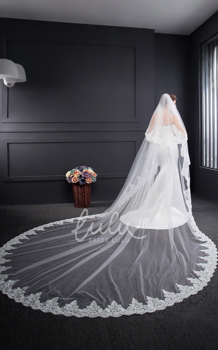 Floral Bohemian Two-Tier Lace Edge Long Cathedral Length WeddingVeils with Comb