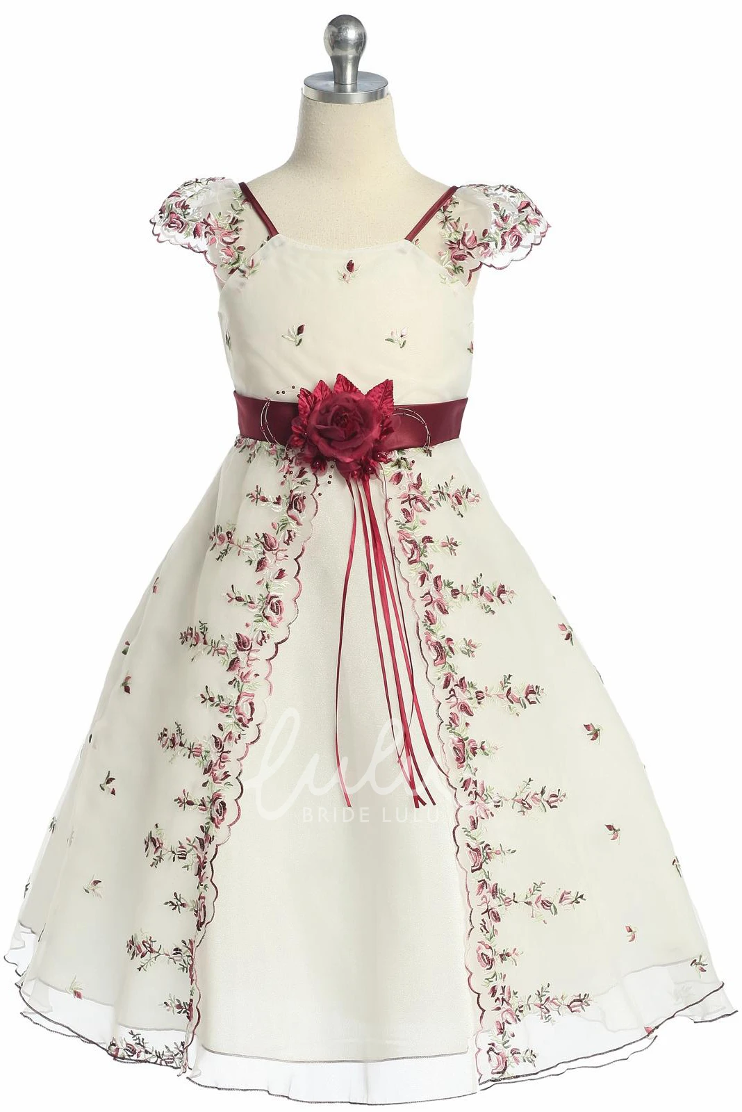 Floral Organza Flower Girl Dress with Embroidery Split Tea-Length