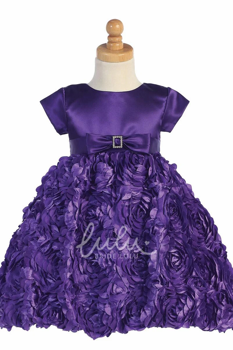 Satin Floral Tea-Length Flower Girl Dress with Bow and Ribbon Modern Bridesmaid Dress
