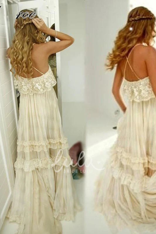 Spaghetti Straps Ethereal Destination Wedding Dress with Cross Back and Tiered Court Train