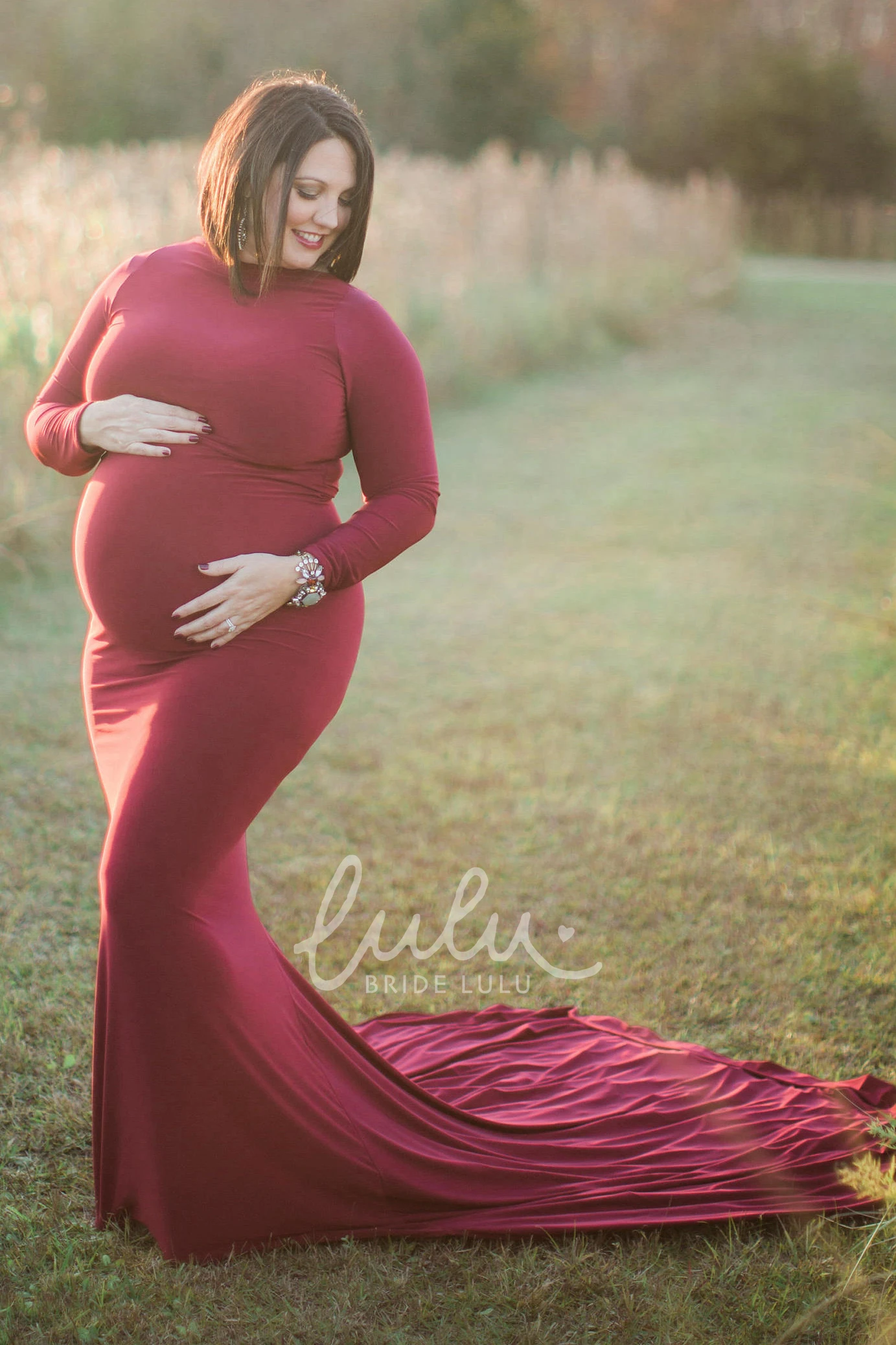 Sweep Train A-Line Maternity Dress with Long Sleeves and Empire Waist