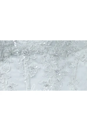 Crystal V Neck A-Line Tulle Wedding Dress with Applique and Drop Waist