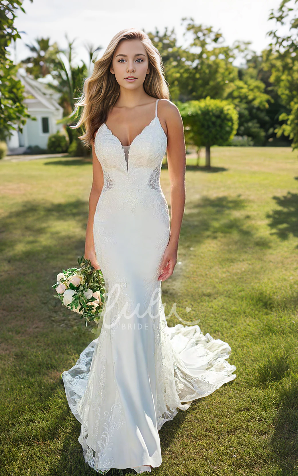 Spaghetti Sexy Elegant Floor-length Mermaid Plunging V-neck Sleeveless Beach Country Wedding Dress with Lace Appliques Open Back