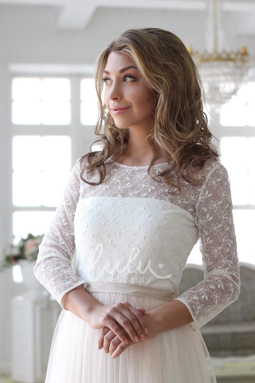 Tulle Lace Bodice Wedding Dress With Long Sleeves and Scoop Neck