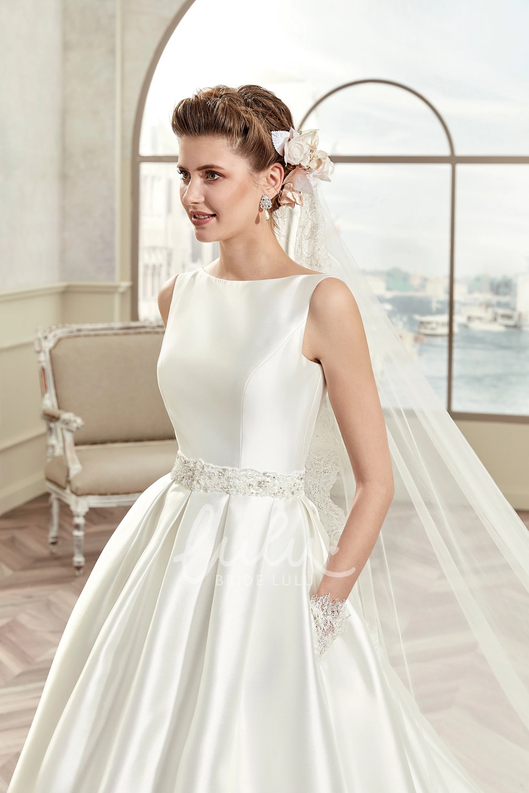 Satin A-Line Wedding Dress with Jewel-Neck and Illusive Lace Back Cap Sleeves