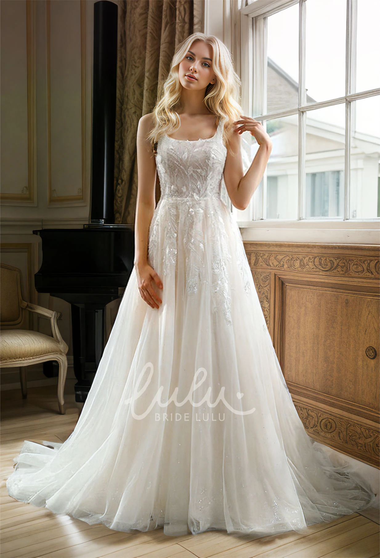 Modern Sexy A-Line Lace Appliques Tulle Square Neck Wedding Gown Elegant Straps Sleeveless Floor-length Beading Backless Bridal Dress