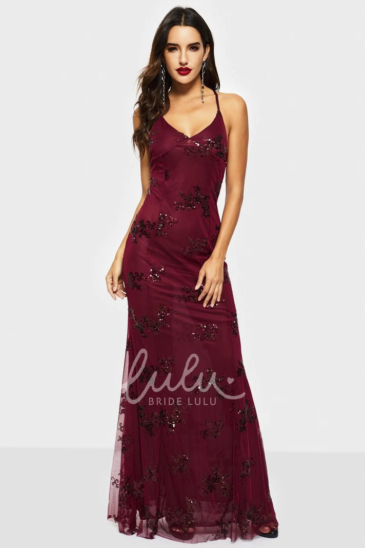 Sexy V-neck Sheath Tulle Formal Dress with Sequin Appliques and Straps