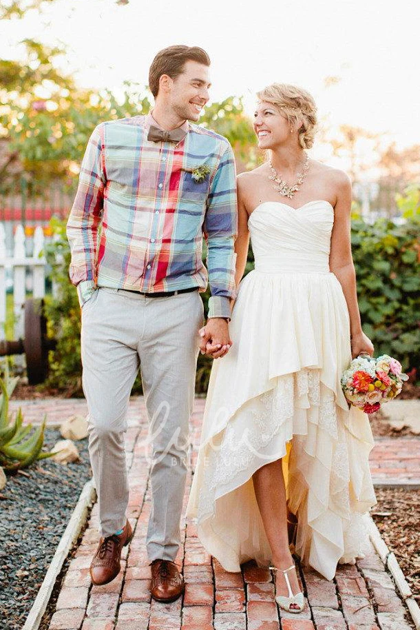 High-Low Chiffon Wedding Dress with Sweetheart Neckline and Crystal Detailing Modern Wedding Dress