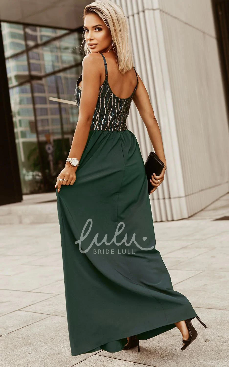 V-Neck Sequin Formal Dress with Zipper Back Romantic Prom Dress