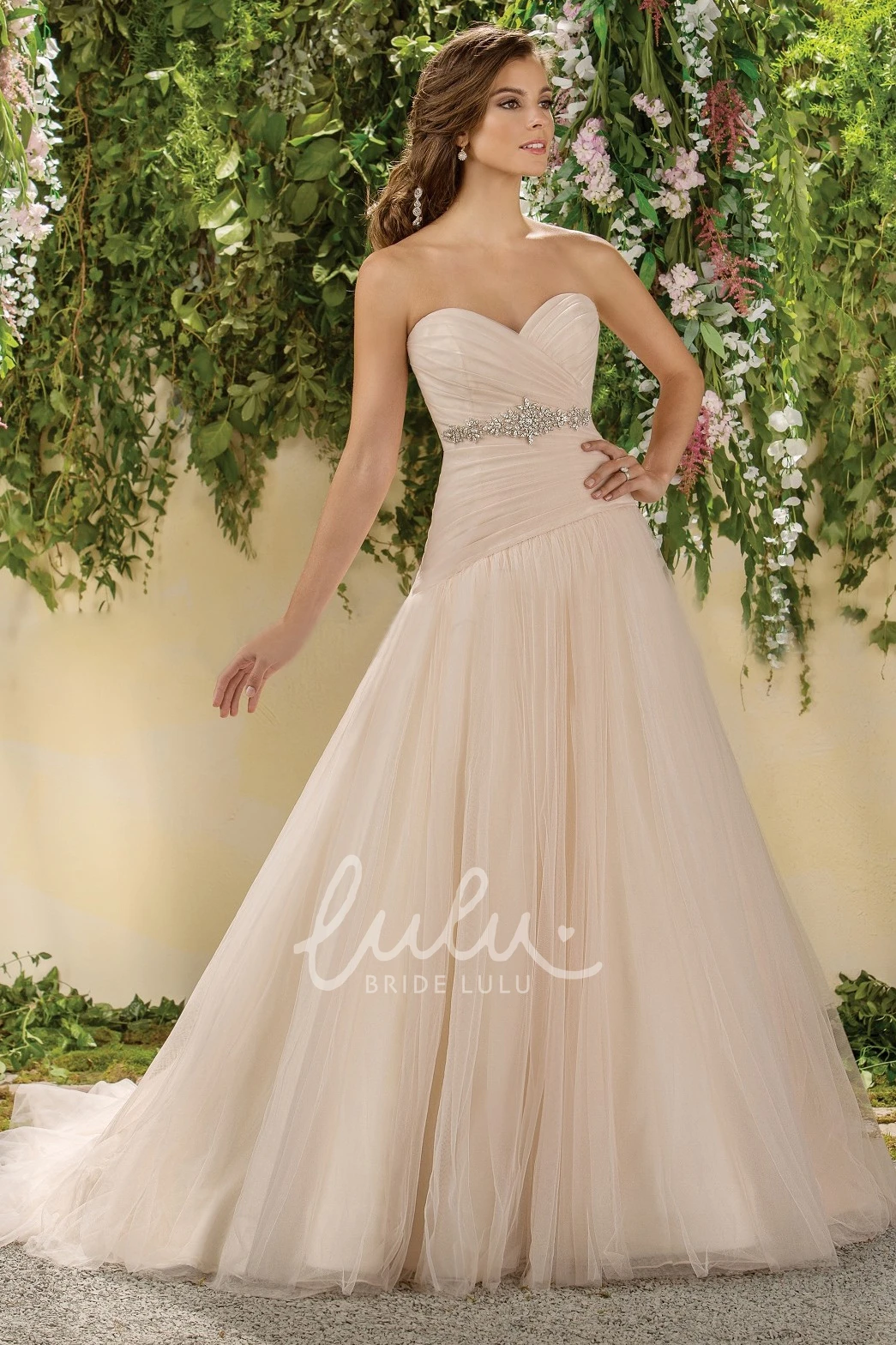 Long Tulle Wedding Dress with Beadings and Ruching Sweetheart Style