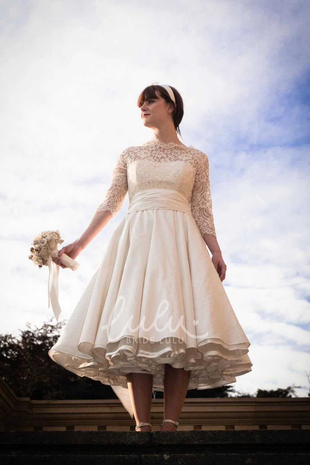 1950s Tea-Length Taffeta Wedding Dress High Neck Long Sleeve and Pleated A-Line