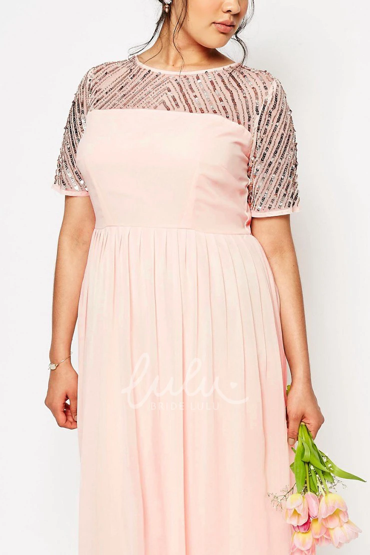 Sheath Ankle-Length Chiffon Bridesmaid Dress with Short Sleeves and Pleats