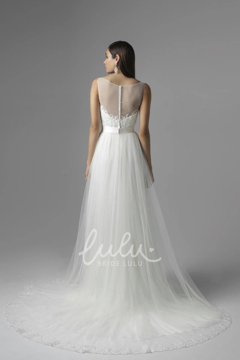 Appliqued Tulle A-Line Wedding Dress Sleeveless Scoop Floor-Length Waist Jewellery Pleats