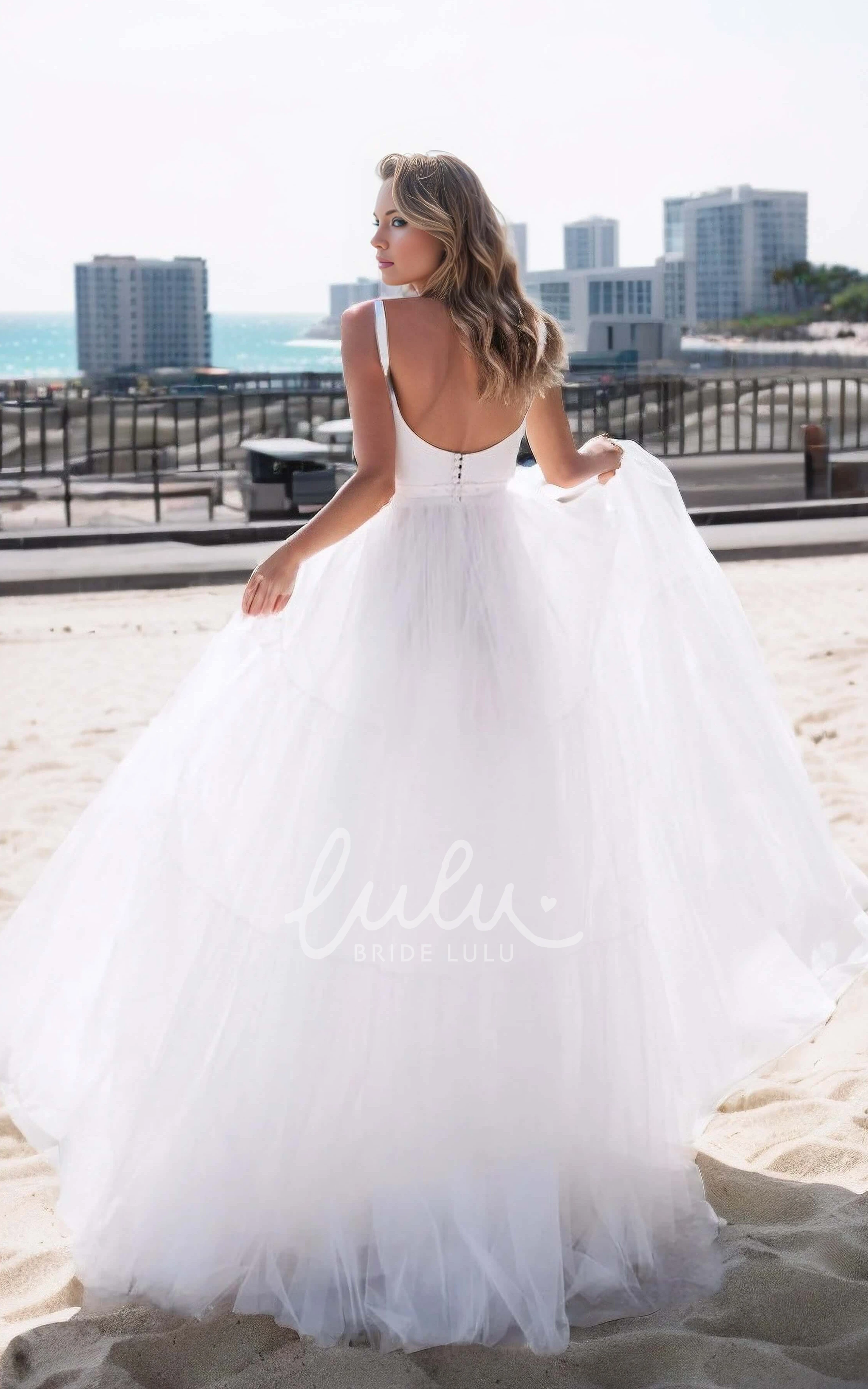 Tulle A-Line Ethereal Casual Straps Scalloped Neck Wedding Dress Sexy Elegant Solid Floor-length Sleeveless Open Back Bridal Dress