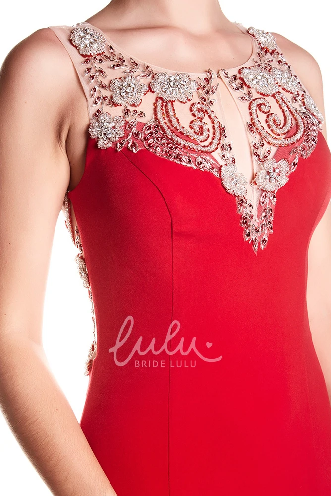 Sleeveless Sheath Chiffon Prom Dress with Beading Scoop Neckline and Brush Train