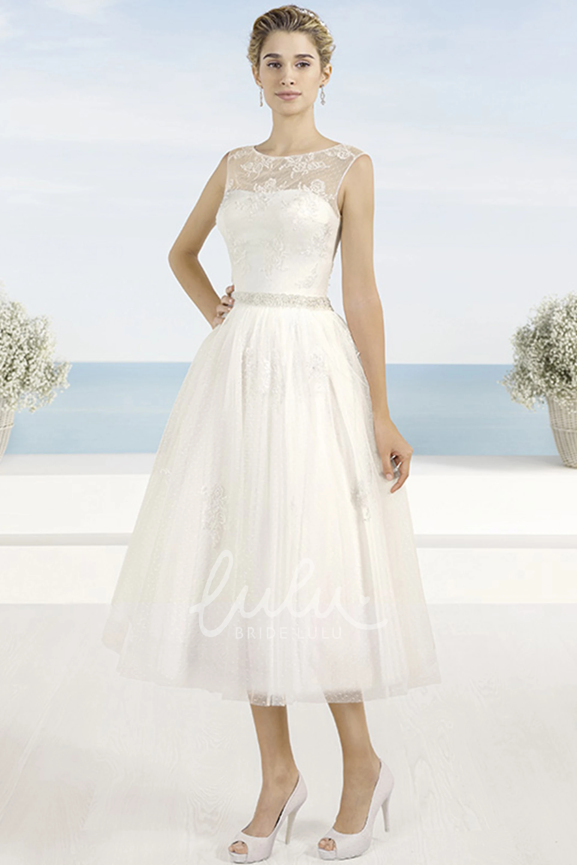 Tea-Length Tulle Wedding Dress with Appliques and Scoop Neck Chic Bridal Gown