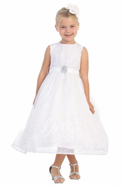Natural Tulle&Satin Tea-Length Flower Girl Dress with Broach