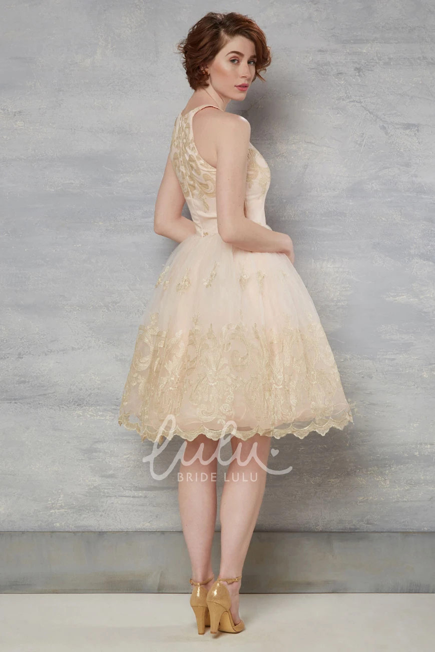 Tulle Wedding Dress with Appliques High Neck Sleeveless Knee-Length A-Line