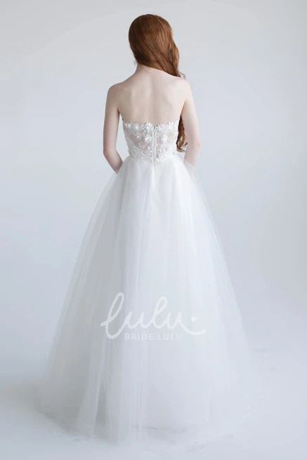 Maxi Floral Tulle Wedding Dress With Appliques Strapless A-Line Sleeveless