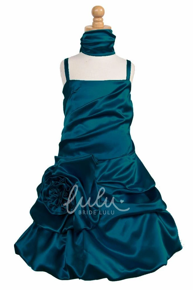 Ruched Floral Knee-Length Flower Girl Dress with Cape and Ribbon Unique Wedding Dress