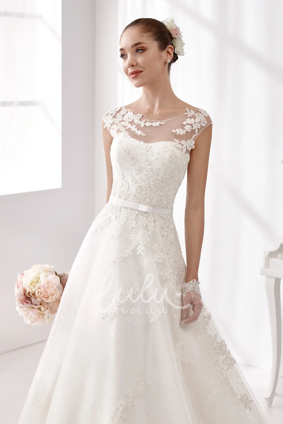 Illusive Neckline A-line Wedding Gown Jewel-Neck and Open Back