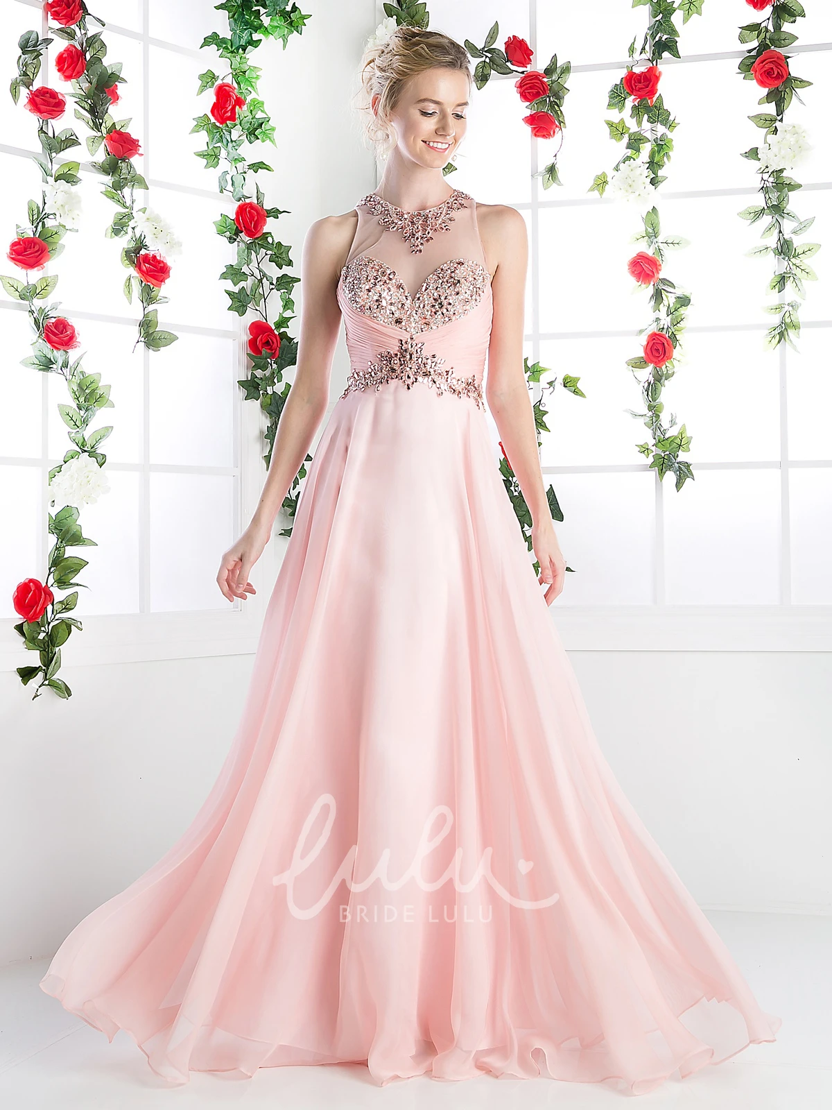 A-Line Sleeveless Chiffon Illusion Prom Dress with Ruching and Beading