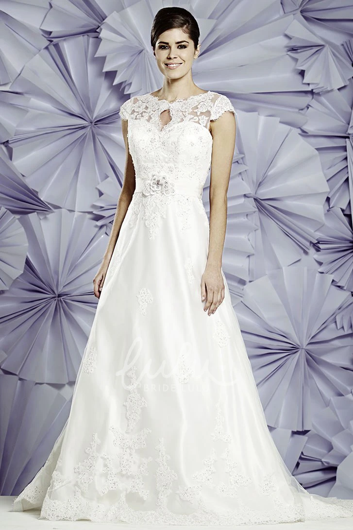 A-Line Cap-Sleeve Jewel-Neck Lace&Satin Wedding Dress Modern Wedding Dress