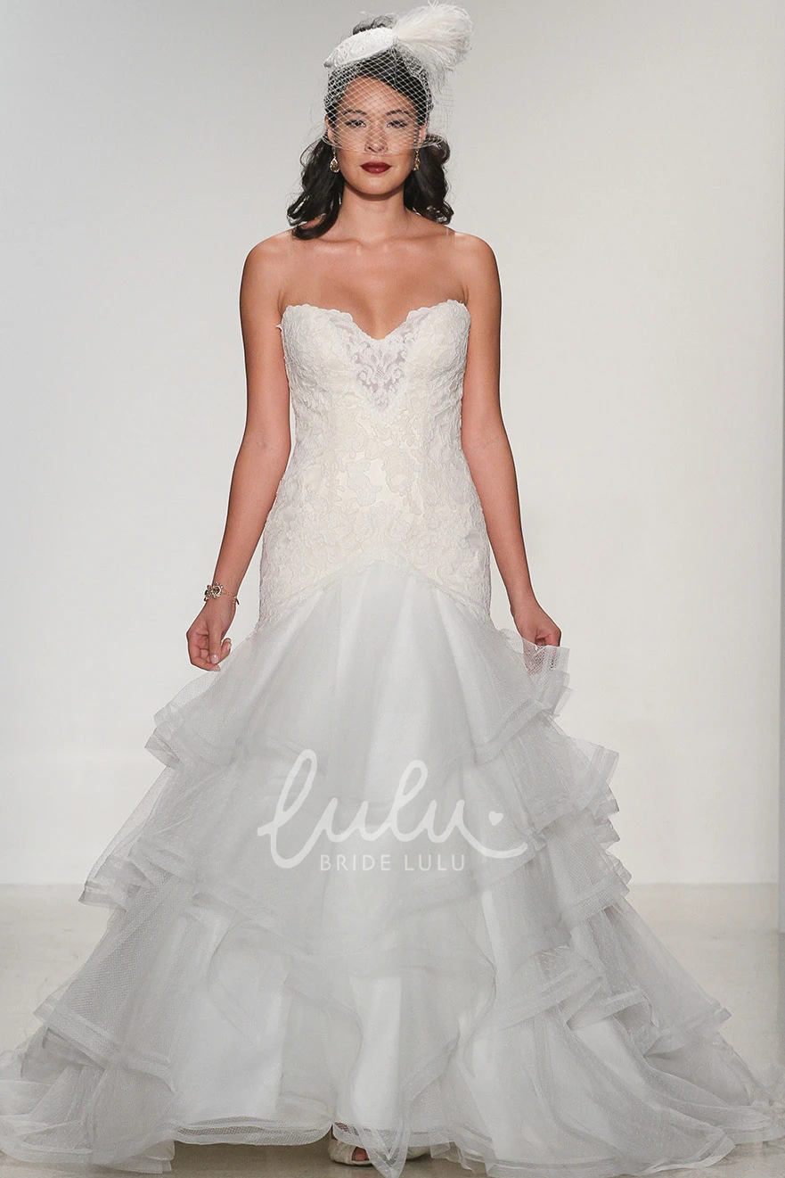 Organza and Lace Tiered Wedding Dress with Appliques and Deep-V Back A-Line Style