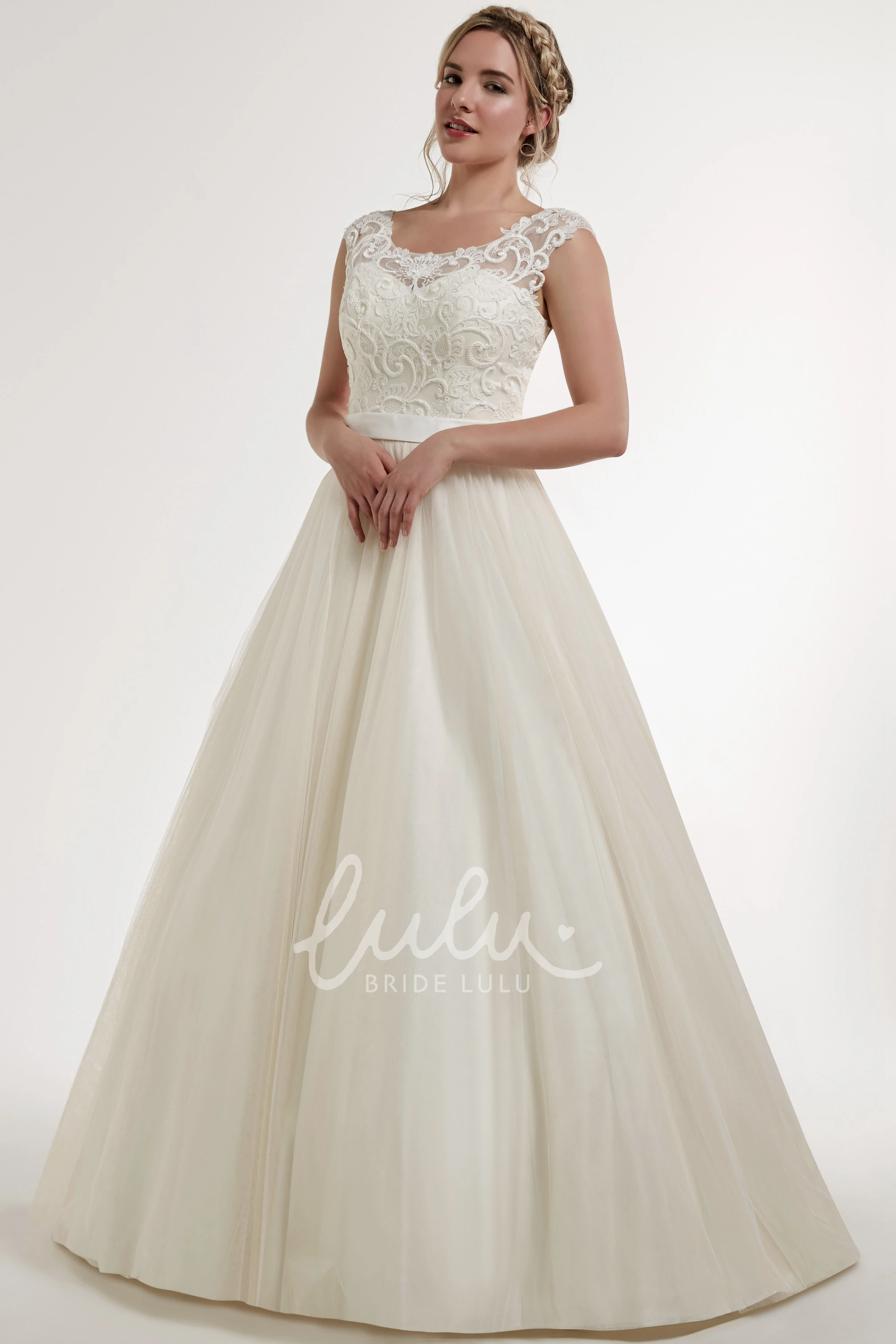 Satin Scoop Wedding Dress with Applique Low-V Back and Court Train Ball-Gown