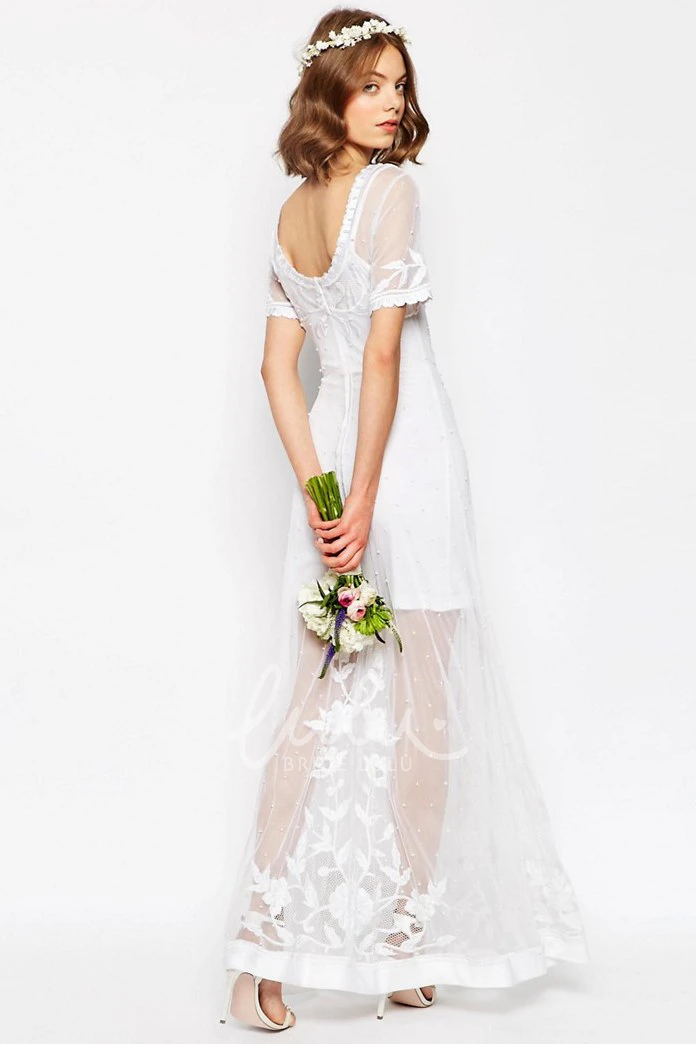 Short-Sleeve Sheath Tulle Wedding Dress Embroidered V-Back Bridal Gown