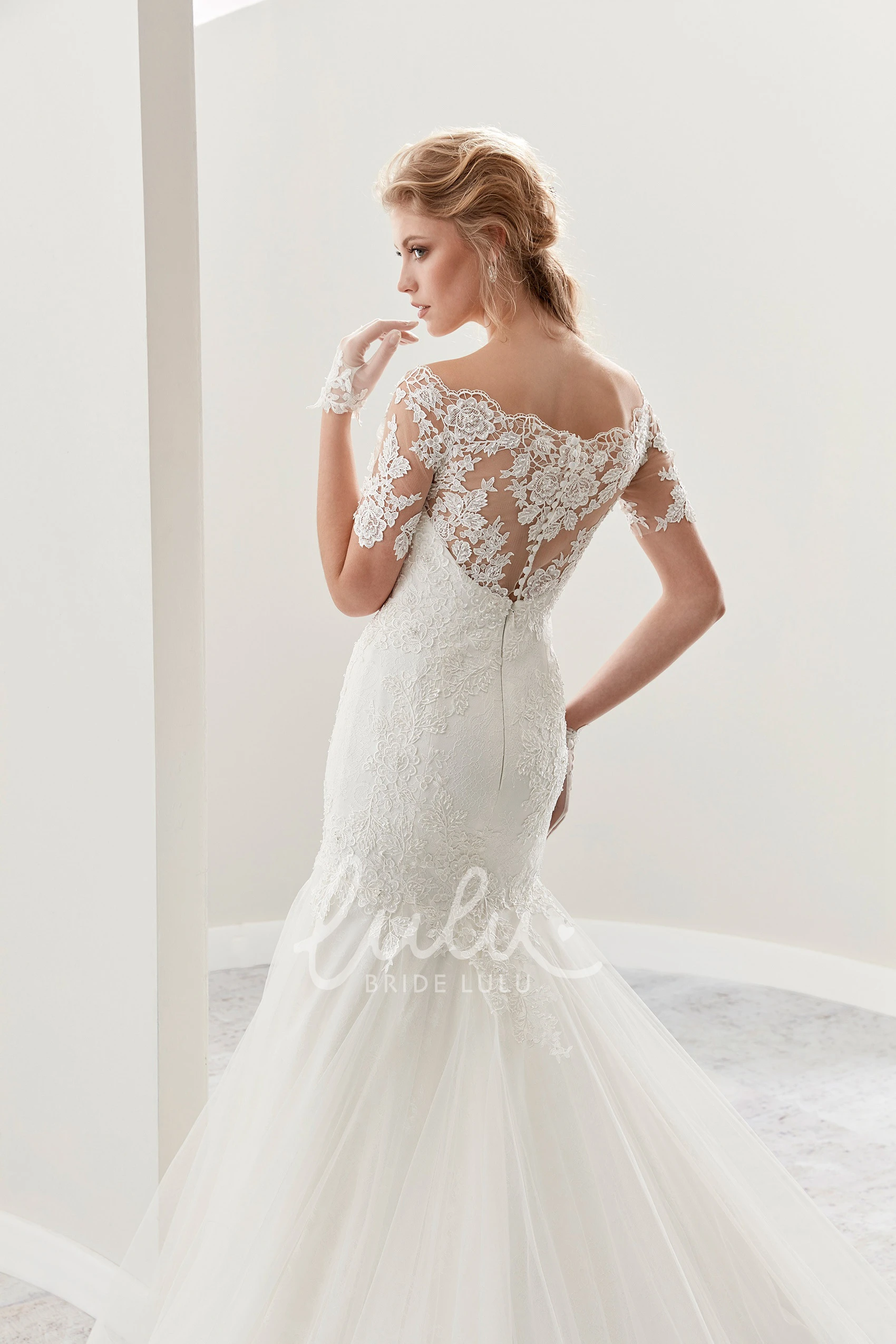 Mermaid Lace Dress with Scalloped Neck and Ruffled Skirt