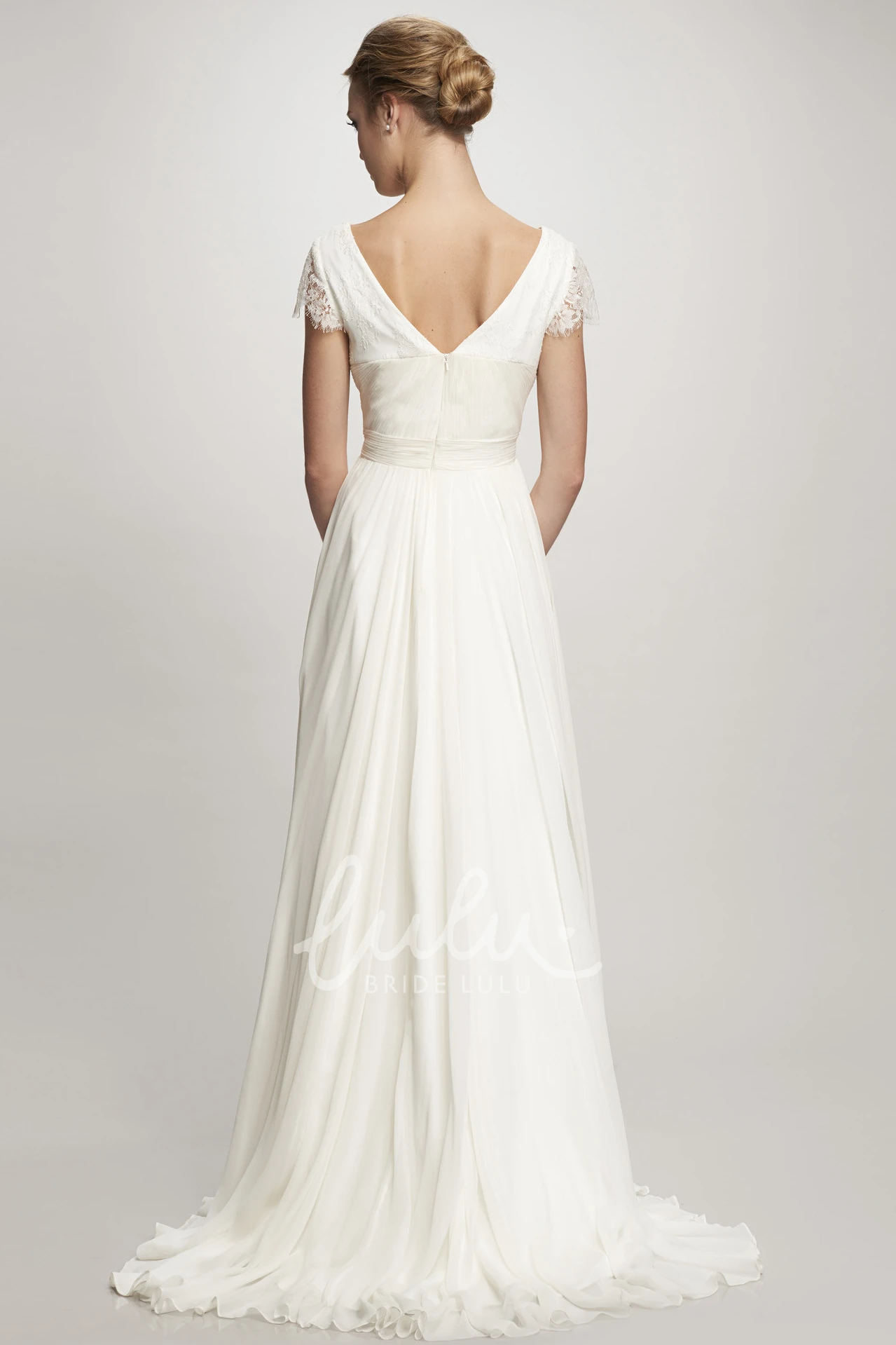 Cap-Sleeve Chiffon Wedding Dress with Sweep Train and V-Back Ruched Maxi Bateau