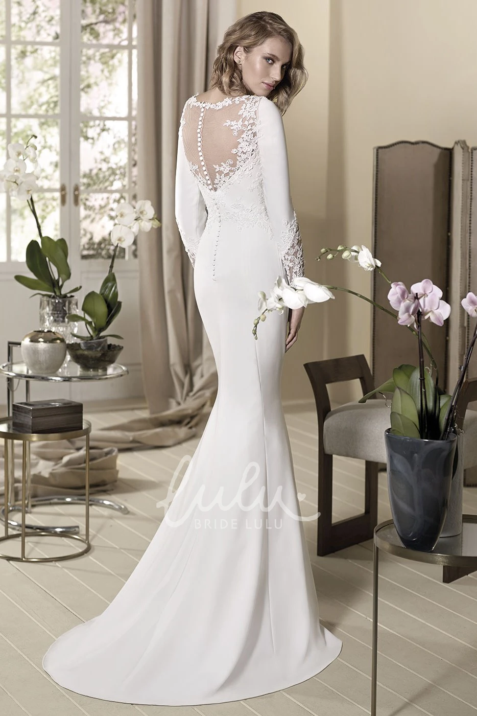 Long-Sleeve Sheath Jersey Wedding Dress with High-Neck and Appliques