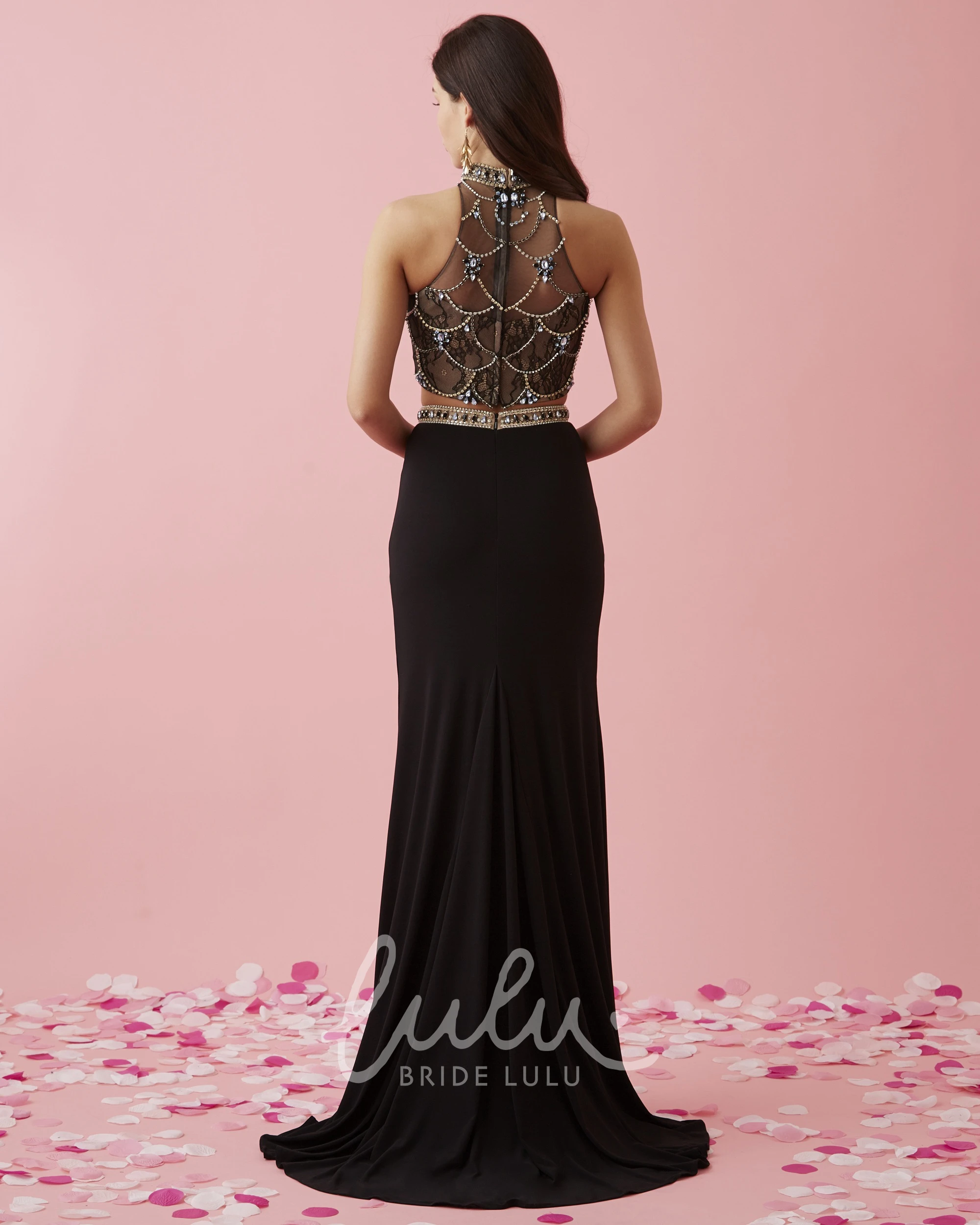 Sheath Jersey Lace Illusion Bridesmaid Dress with High Neck and Split Front