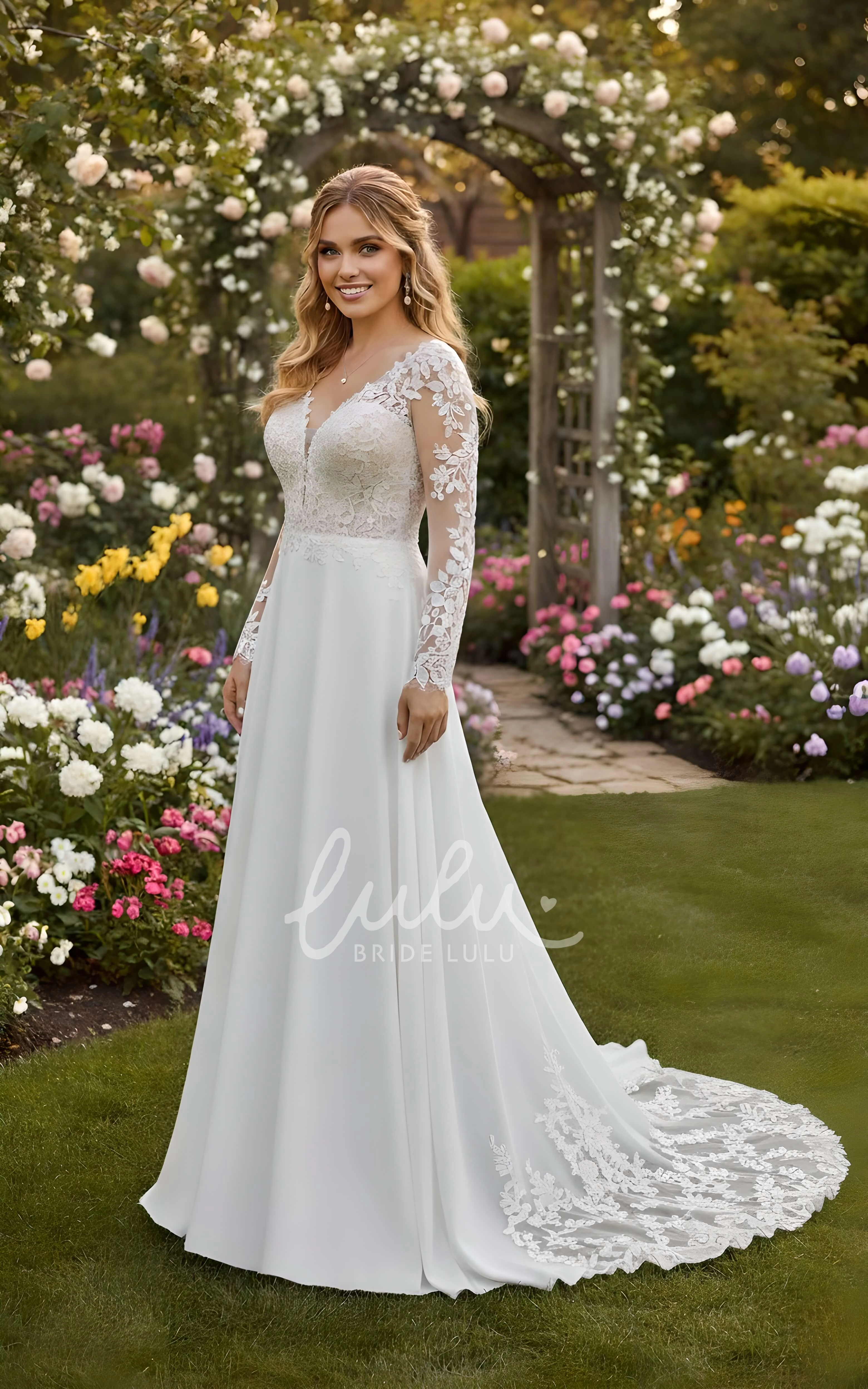 Floral A-Line Lace Long Sleeve Wedding Dress Romantic Illusion Deep V Neck Bridal Gown with Train