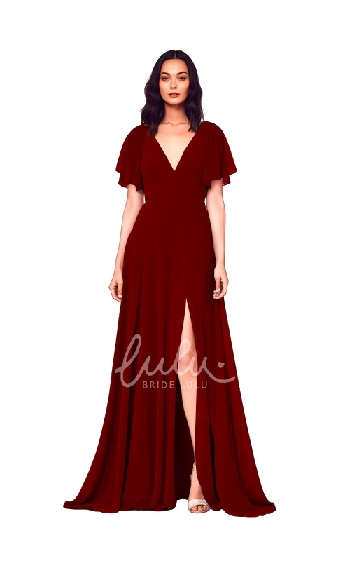 Modest A-Line Chiffon V-neck Bridesmaid Dress with Split Front Simple Wedding Dress