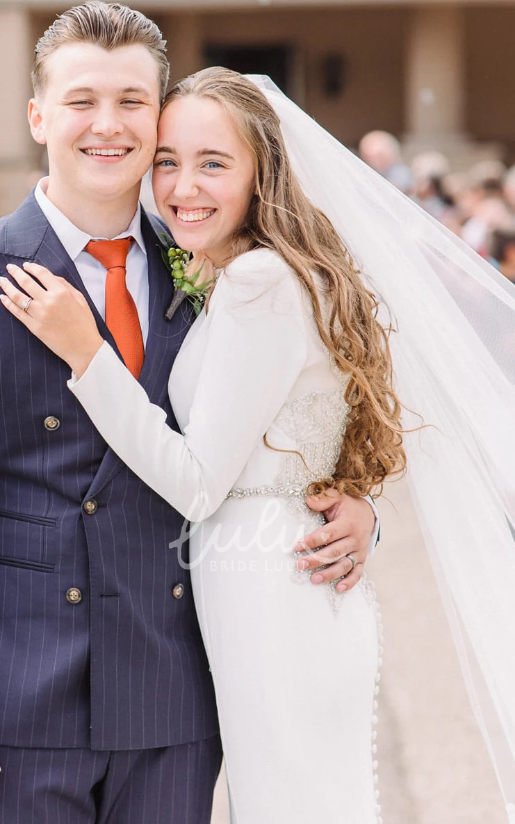 Satin Mermaid Bateau Wedding Dress with Beading and Sash Elegant & Modern