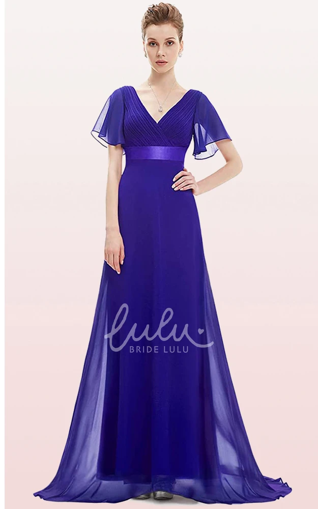 Romantic Chiffon V-neck A-line Prom Evening Dress with Ruffles and Short Sleeves Bridesmaid Dress