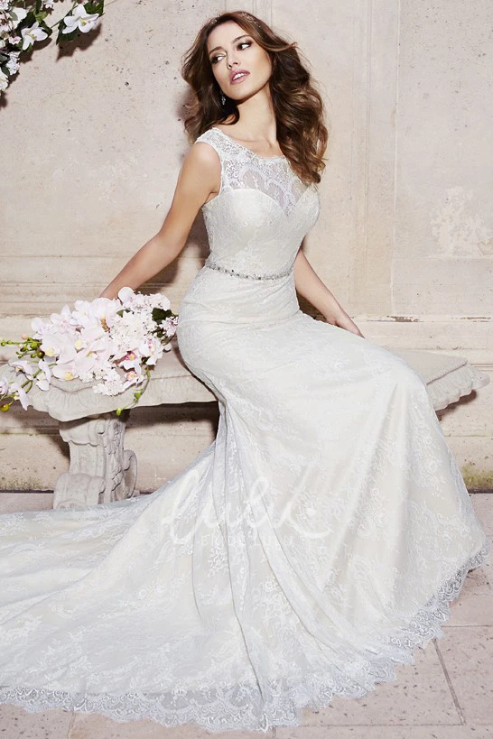 Lace Sleeveless Sheath Wedding Dress with Deep-V Back and Waist Jewelry